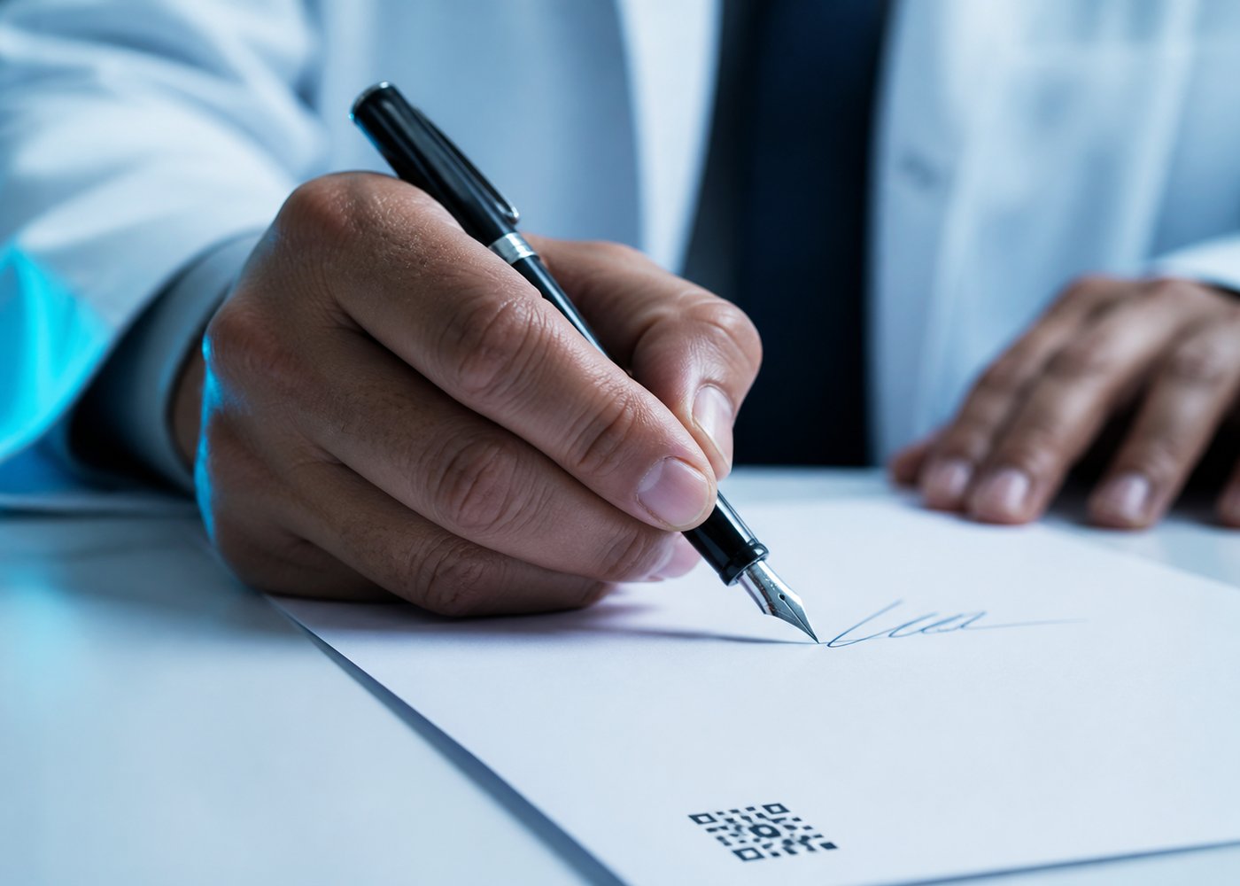 Mano de un médico firmando un documento clínico