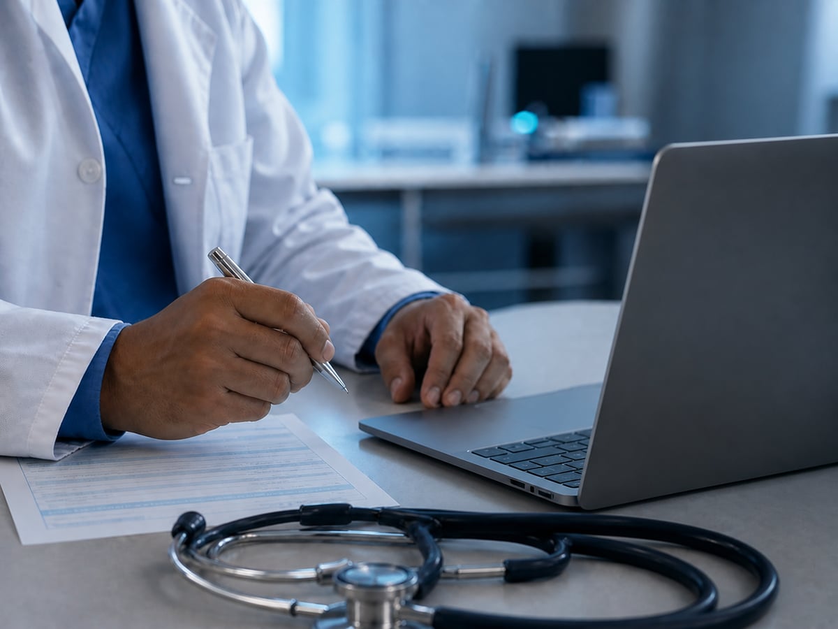 Médico revisando un documento antes de firmarlo junto a su portátil